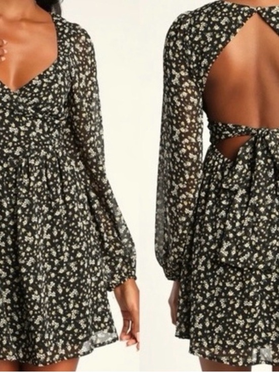 Lulus Dresses & Skirts - Lulu's Black Floral Backless Long-Sleeve Mini Dress